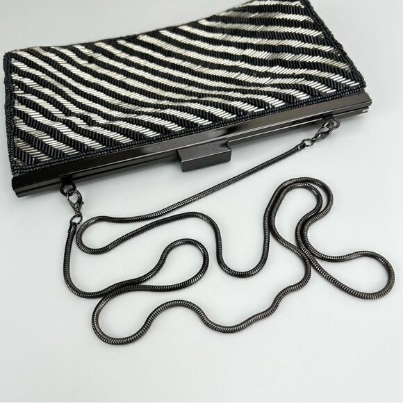 Neiman Marcus Micro Beaded black & silver clutch bag with chain - Picture 4 of 12